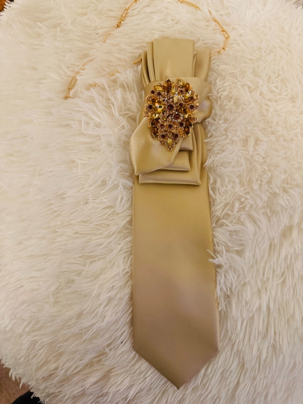 Gold Satin Tie with Jeweled Brooch